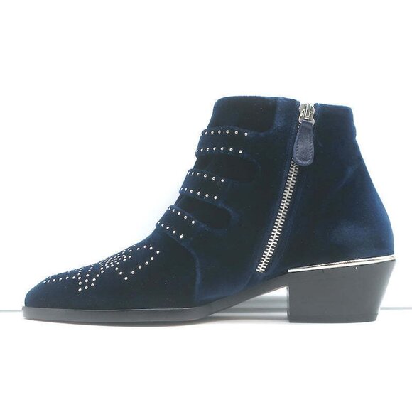 Chloe Susanna Studded Velvet Ankle Boots Navy Size 35.5 Buckle Booties NEW - Picture 7 of 11